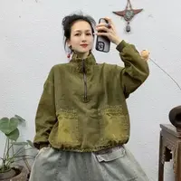 5556绿色外拼口袋半拉链立领炒色牛仔上衣（长56胸围132