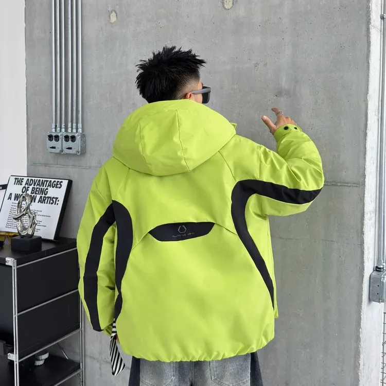 冬季男美式户外白鸭绒冲锋衣情侣抗寒外套潮牌工装拼色连帽羽绒服