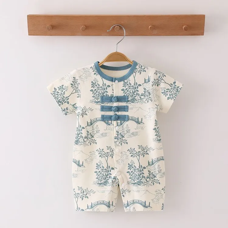 婴儿夏季国风连体衣纯棉短袖宝宝衣服国潮新生儿薄款外穿哈衣爬服