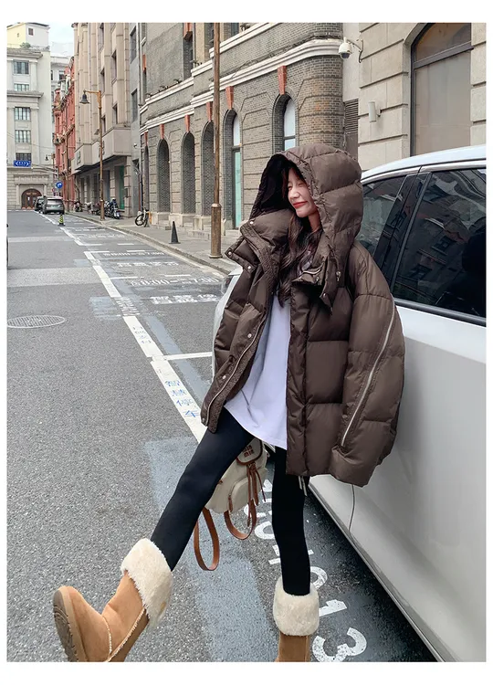 咖色美拉德高级感连帽羽绒服女2025冬季韩系保暖加厚90白鸭绒外套