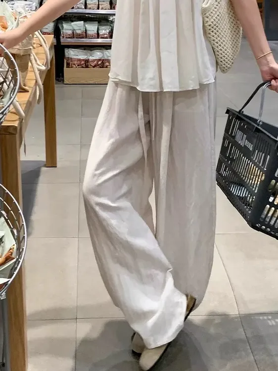加加树亚麻天丝阔腿裤女夏薄款高腰垂感休闲拖地弯刀裤