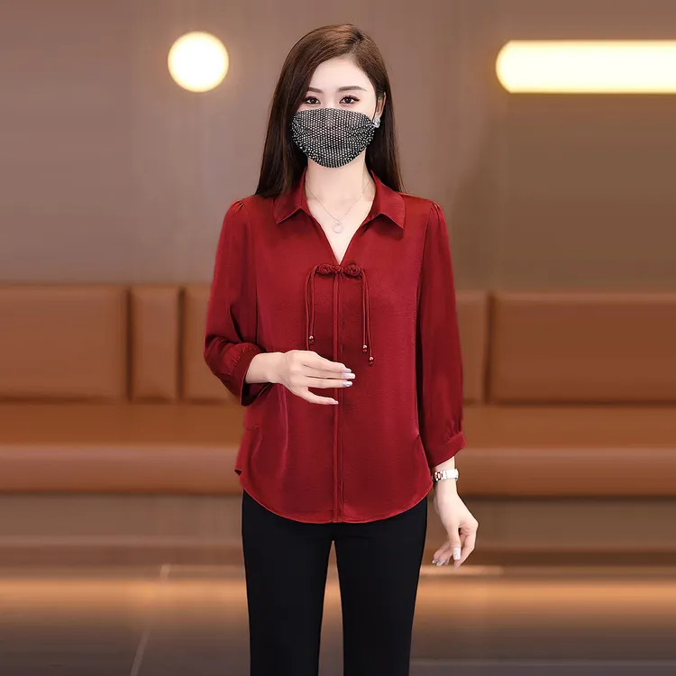 拉夏贝尔新中式国风盘扣衬衫女2025早秋新款时尚显瘦宽松气质小衫