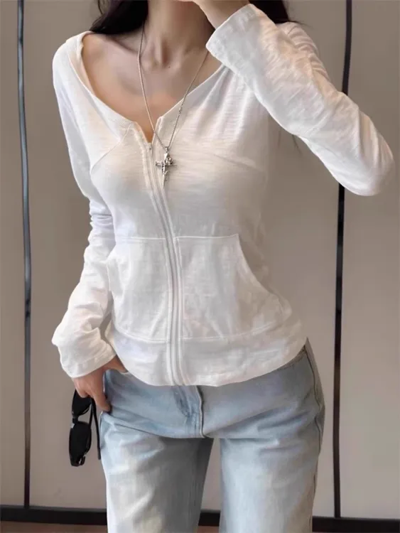 白色运动v领连帽拉链空调防晒衫女夏季显瘦收腰长袖t恤外套上衣薄