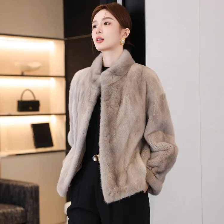 高端水貂毛皮草外套女冬季新款整貂裘皮紫标天鹅绒貂皮大衣短款