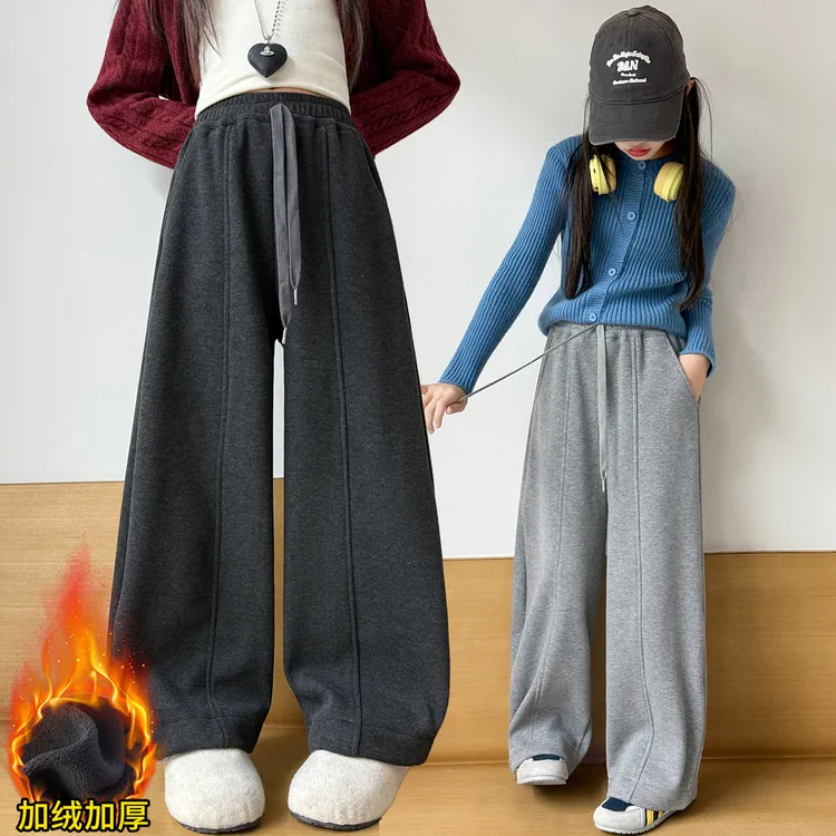 女童加绒裤子2025冬季新款中大童童装宽松韩系加厚显瘦出街休闲裤