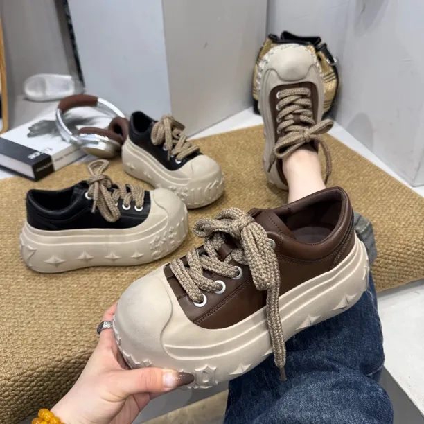 广州欧货【巧克力麻花】秋季真皮7cm系带洋气复古学院松糕鞋小众