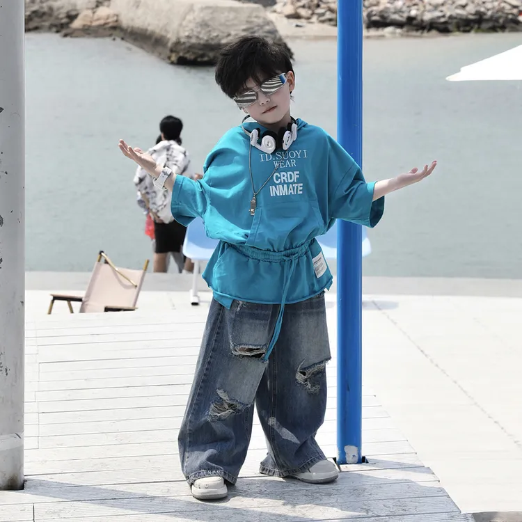 【现货】Jimmy妈童装蓝若琉璃夏季·字母印花收腰连帽短袖T恤