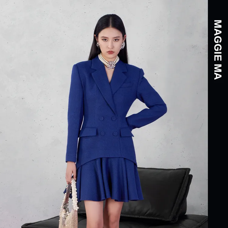 MAGGIE MA马婧【蓝裁锐影】设计师款蓝色初秋立裁西装连衣裙474D