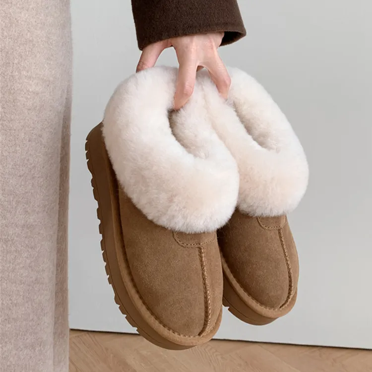 新款塔茨特冬季一脚蹬真皮雪地靴女加绒加厚皮毛一体羊毛棉鞋厚底