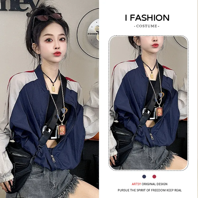 时尚拼接撞色防晒外套女2025年夏季新款宽松休闲百搭棒球服上衣潮