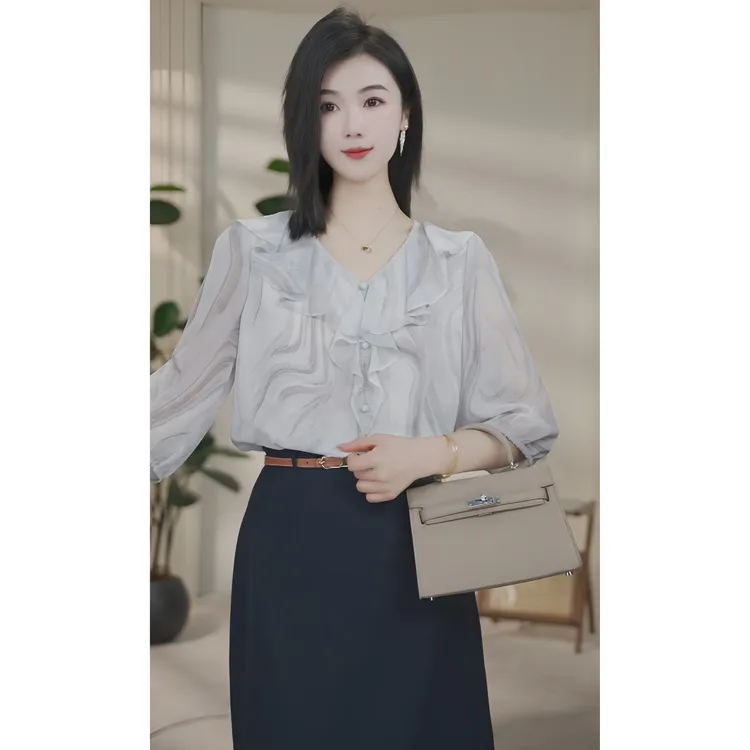 【小陈甄选】曼贝8592707水墨灰法式衬衫百搭气质显瘦时尚设计感