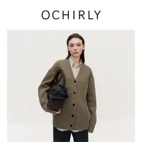 【季末折扣】欧时力 100%羊毛V领针织外套女中长开衫毛衣秋冬新品