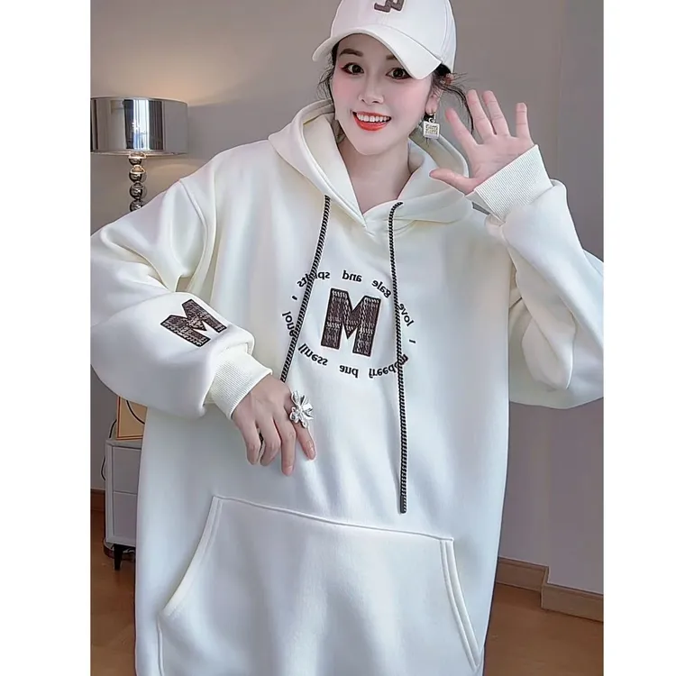 冬季新款连帽宽松套头刺绣字母加绒卫衣2025大版型慵懒风帽衫5055