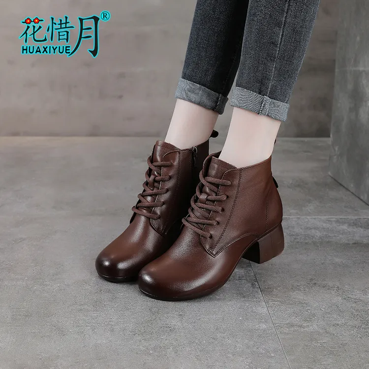 纯牛皮女靴粗跟马丁靴圆头中跟秋冬女中跟女靴女士单层皮时尚短靴