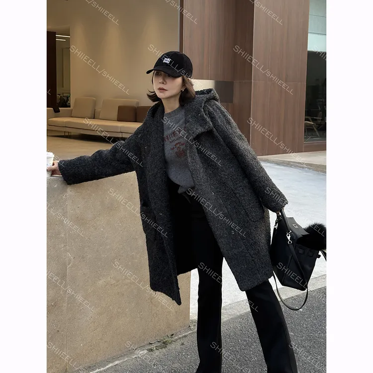 SHIIEELL【圈圈毛大衣】双面呢中长款秋冬羊驼毛洋气连帽大衣Z2197