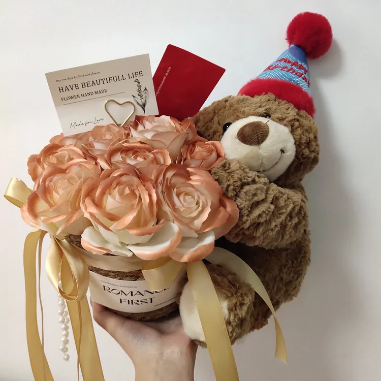 永生花套装小熊抱抱桶假花整套花束花篮节日生日礼物送女生儿童