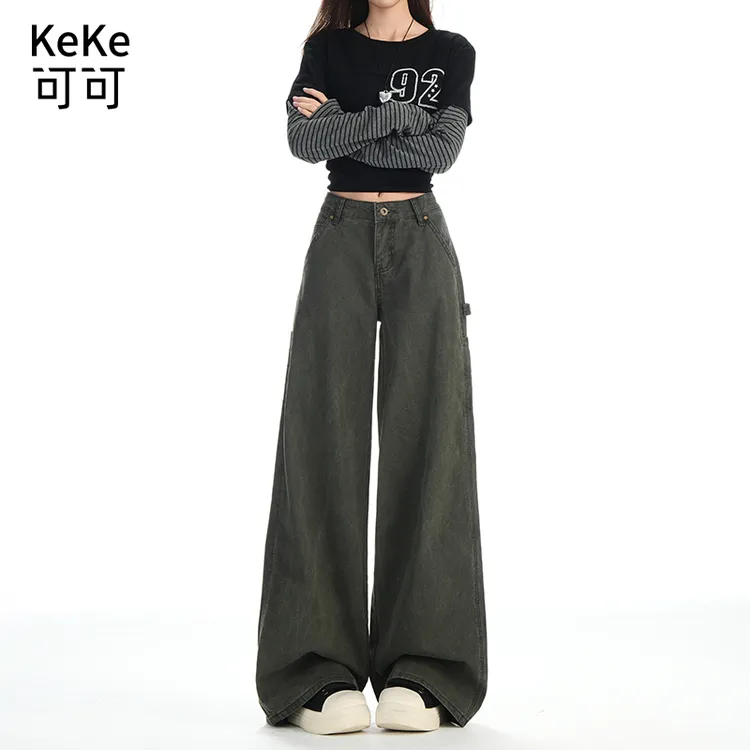军绿色工装牛仔裤女秋季新款美式低腰宽松直筒百搭设计感阔腿裤子