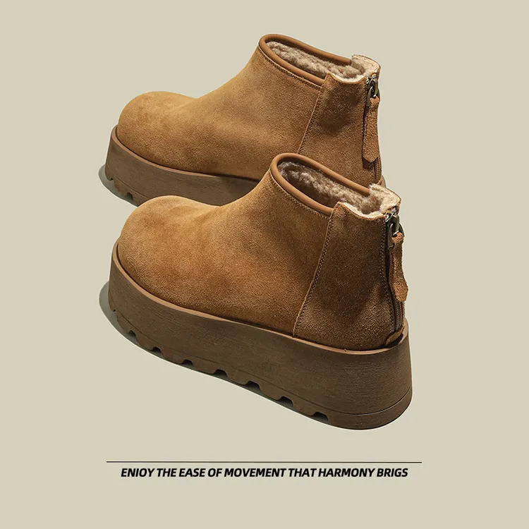 厚底雪地靴女2024冬季韩版加绒保暖复古切尔西靴后拉链百搭棉短靴