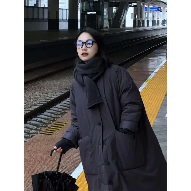 风衣款加厚保暖中长款过膝衣外套女2024冬季薄款服免洗韩版
