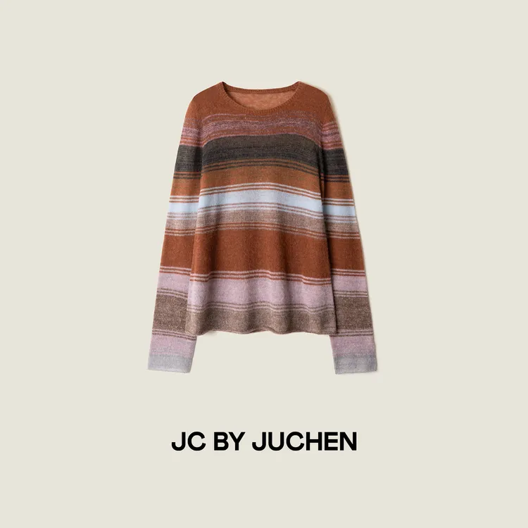 傍晚的彩虹羊驼毛羊毛混纺复古条纹渐变针织上衣 FW118007-195