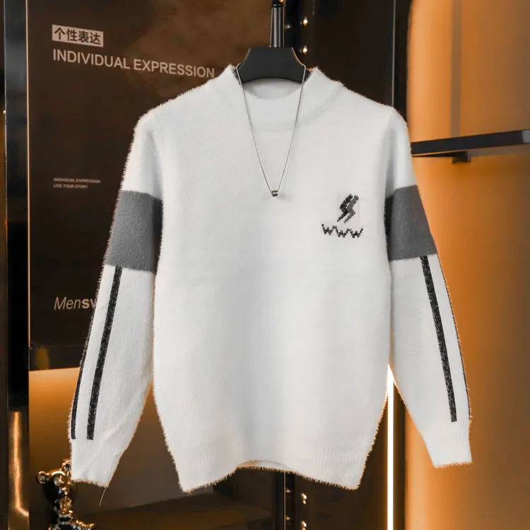 男士秋冬季修身百搭针织衫韩版打底衫仿水貂绒加厚保暖毛衣半高领