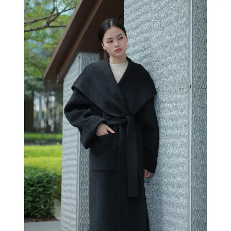 【羿尘】黑色浴袍连帽羊毛双面呢大衣女冬季中长款高级感毛呢外套