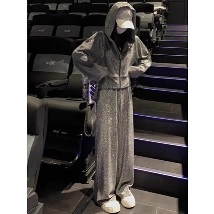 慵懒风连帽上衣+高腰显瘦阔腿长裤春秋休闲运动气质细闪两件套女