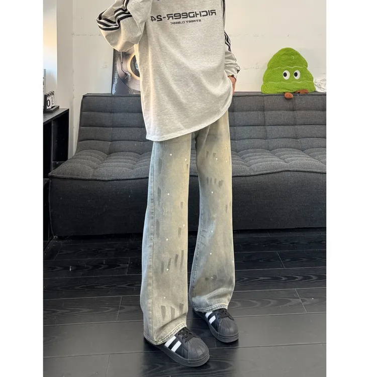 泼墨猫爪痕水洗牛仔裤男款秋季美式vintage扎染裤子显瘦直筒长裤