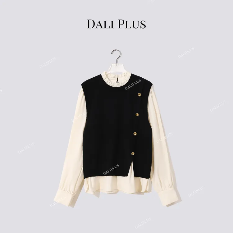 DALI PLUS“马甲针织衬衫” 斜边纽扣设计拼接衬衫-D5MM3211