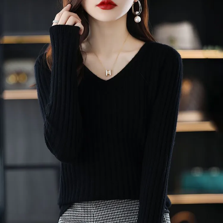 秋冬长袖针织打底衫女V领毛衣套头保暖内搭 洋气百搭外穿内搭打底