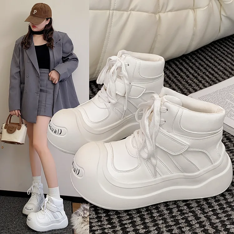 欧洲站松糕厚底高帮小白鞋女2025秋冬新款大头丑萌休闲增高面包鞋