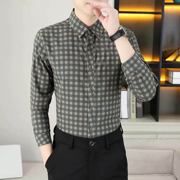 长袖格子男韩版男士弹力修身衬衫修身上衣时尚商务高档春秋季衬衫