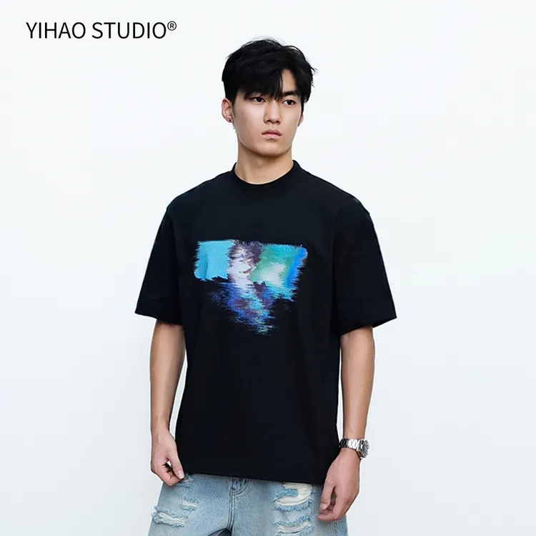 YIHAO STUDIO夏季男款炫彩印花纯棉半袖T恤百搭休闲宽松圆领短袖