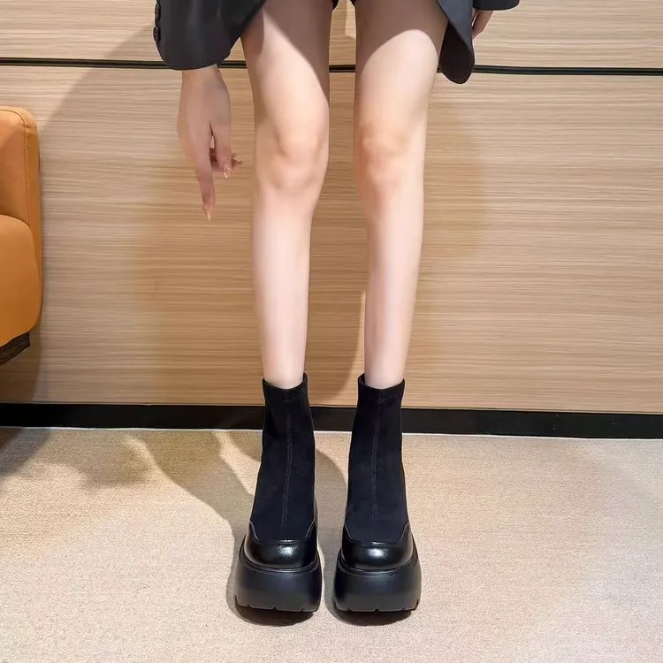 超高跟瘦瘦靴女2025秋冬厚底弹力靴短靴粗跟9cm增高小个子马丁靴