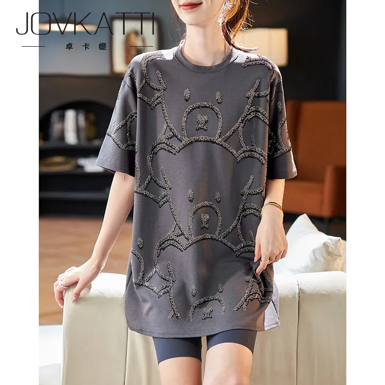 中长款烫钻宽松短袖T恤2025夏季慵懒百搭休闲女装上衣