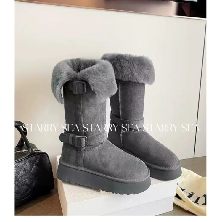 PP 外 厚底毛毛5公分加绒加厚保暖棉鞋中长筒雪地靴#PP0101XZ