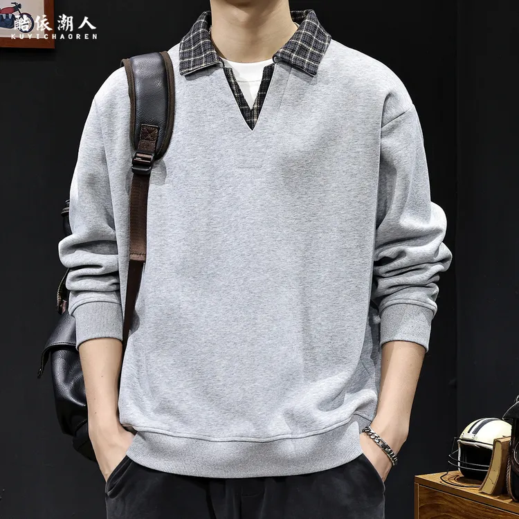 假两件V翻领2025新款卫衣男士秋季潮牌宽松大码休闲长袖衣服男装