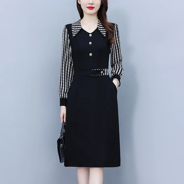 格子印花假两件套大码女装胖中年妈妈气质中长款秋冬长袖连衣裙夏