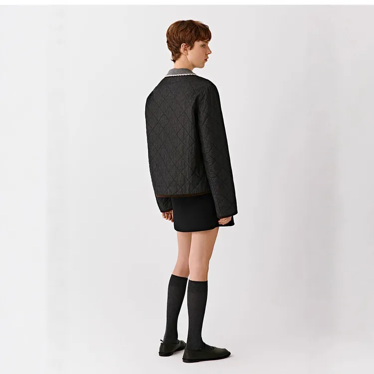 【土壤牛仔】IC小禾同源冬季新款萎形格棉弹牛仔短款棉服外套女