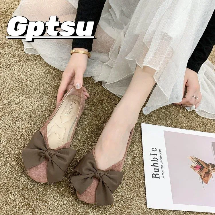 GPTSu女鞋春季新款韩版百搭蝴蝶结方头单鞋女仙女风平底浅口瓢鞋
