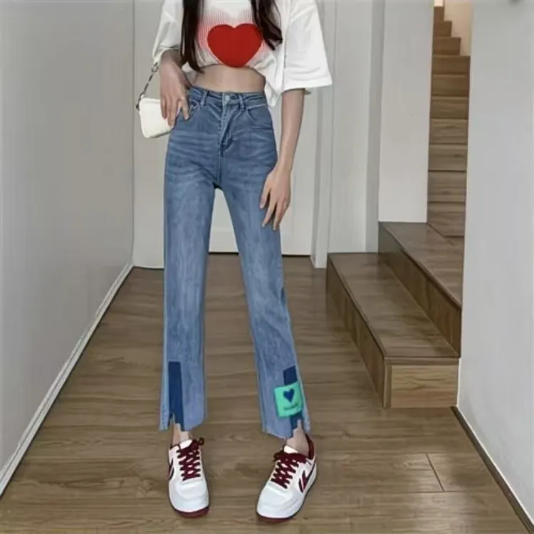 2018美式复古爱心贴布九分牛仔裤女夏季辣妹设计感显瘦烟管弹力
