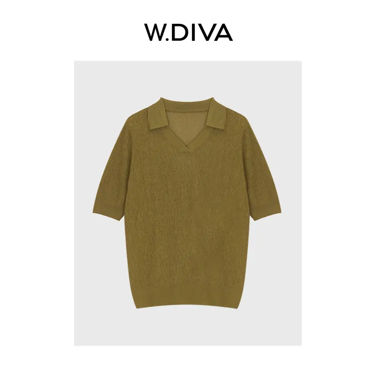W.Diva【余笙】桑蚕丝白厂丝凉感干爽夏季V领Polo针织衫52Z042049