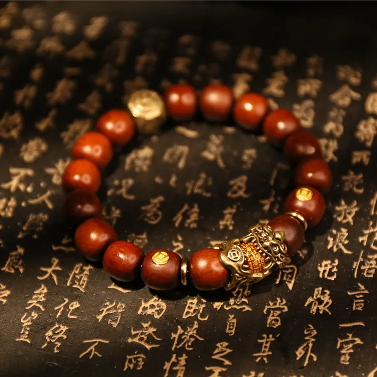 【龙虎山直发】天然雷枣木金标镶嵌筒珠1.2四象貔貅手串