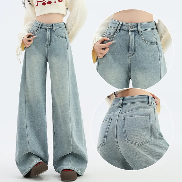 蜜蜜穿搭浅蓝色加绒加厚弯刀牛仔裤女款2025冬季高腰宽松阔腿裤子
