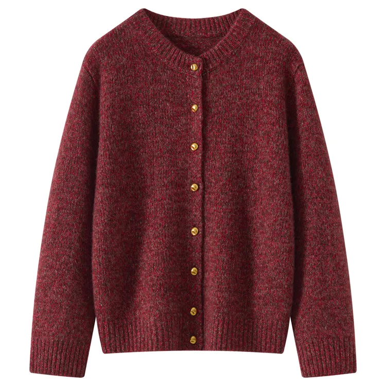 秋冬新款75%山羊绒25%桑蚕丝女圆领金豆花纱纽扣加厚开衫针织外套