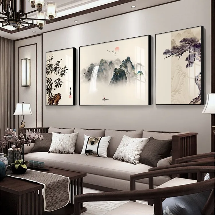 迎客松山水画客厅挂画新中式沙发背景墙装饰画水墨风景画三联壁画