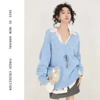 颖子定制【沁粉佳人】慵懒风钉珠V领针织上衣通勤休闲宽松上衣9856