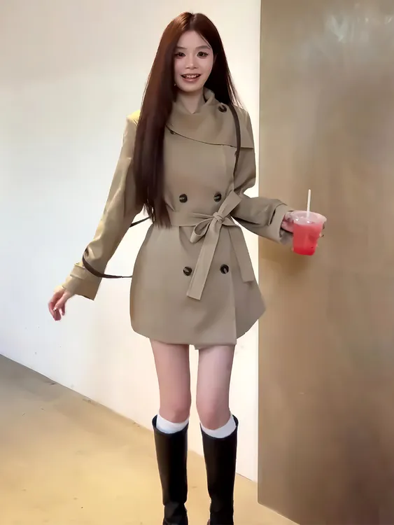 小个子巨好看短款收腰风衣外套女2025秋冬季新款设计感卡其色上衣