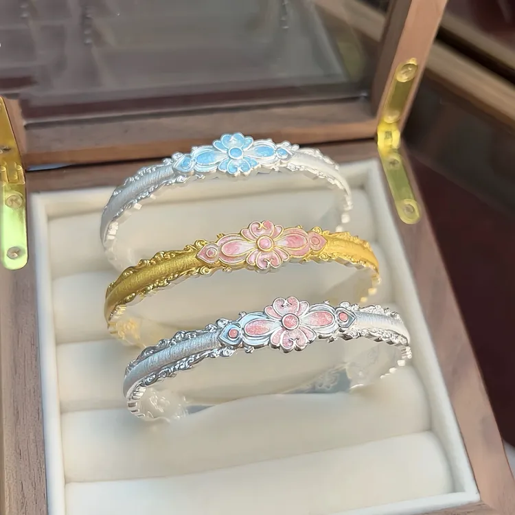足银珐琅手镯 足银999珐琅拉丝璎华粉手镯时尚国风纯银手镯新中式