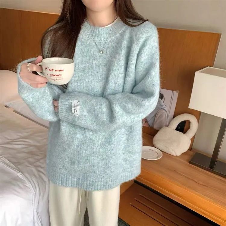 软糯慵懒风温柔针织毛衣女秋冬新款韩系宽松圆领套头打底衫上衣厚